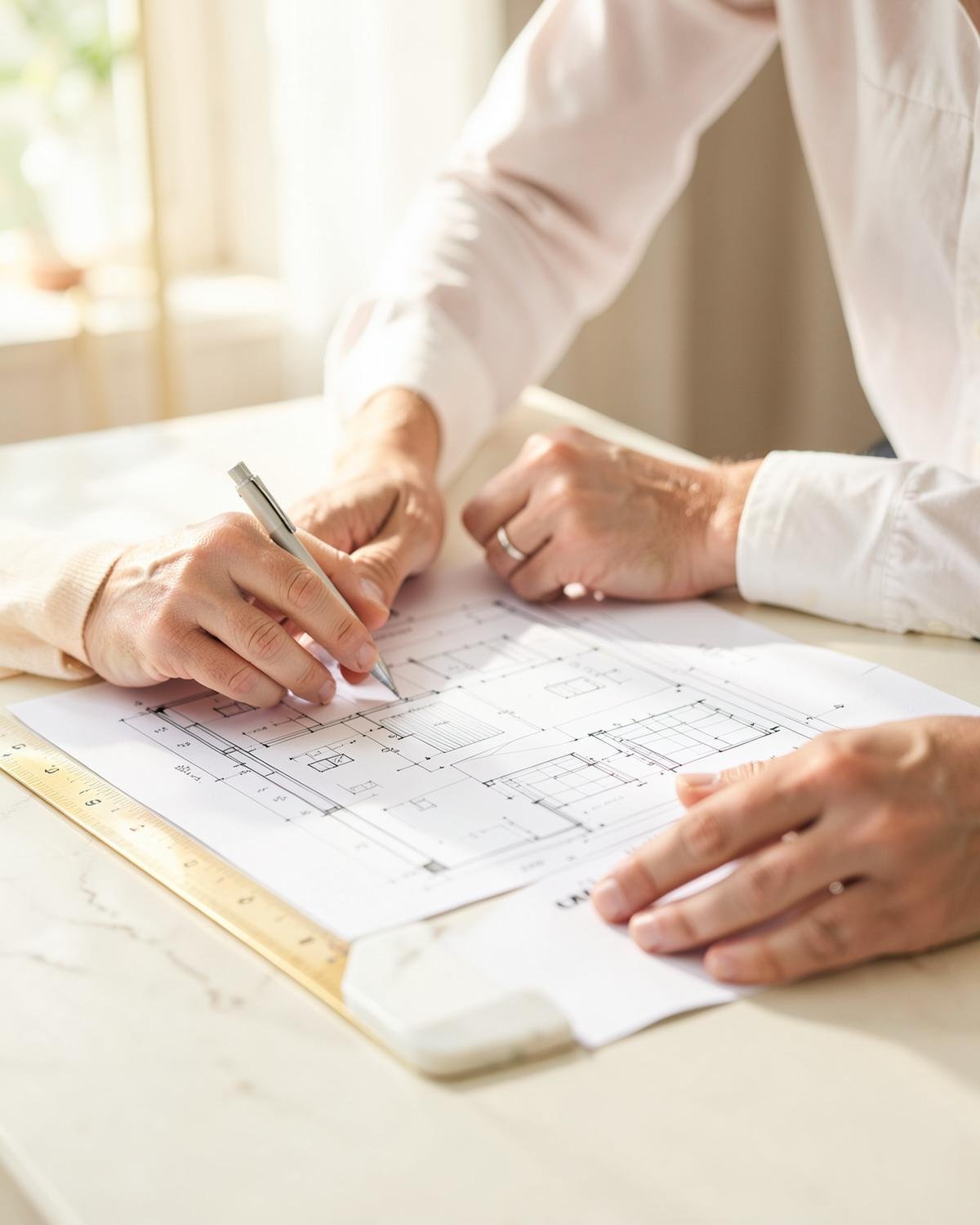 Engineer and architect reviewing house drawings with a scale ruler and marble sample