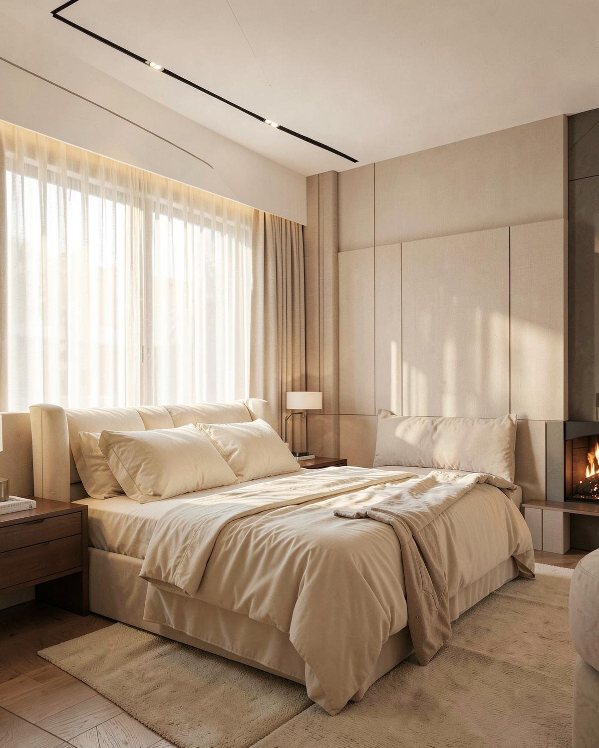 Serene master bedroom with ivory linens and soft daylight