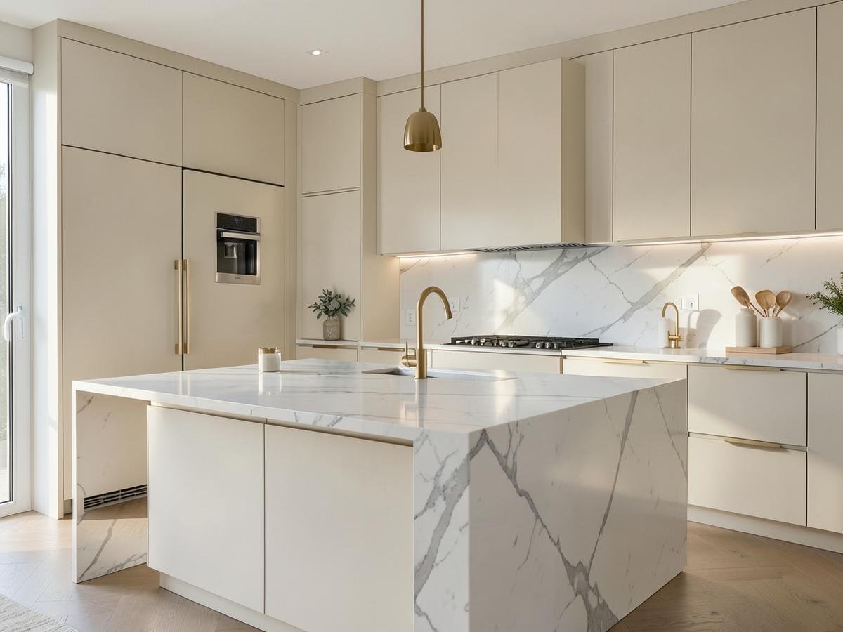 Modern kitchen with marble island, ivory cabinetry and brass fixtures