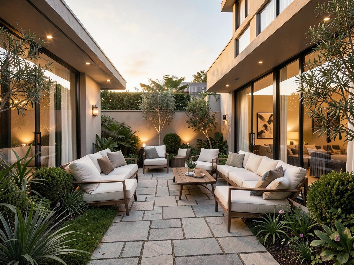 Landscaped private courtyard with stone paving and lounge seating at golden hour