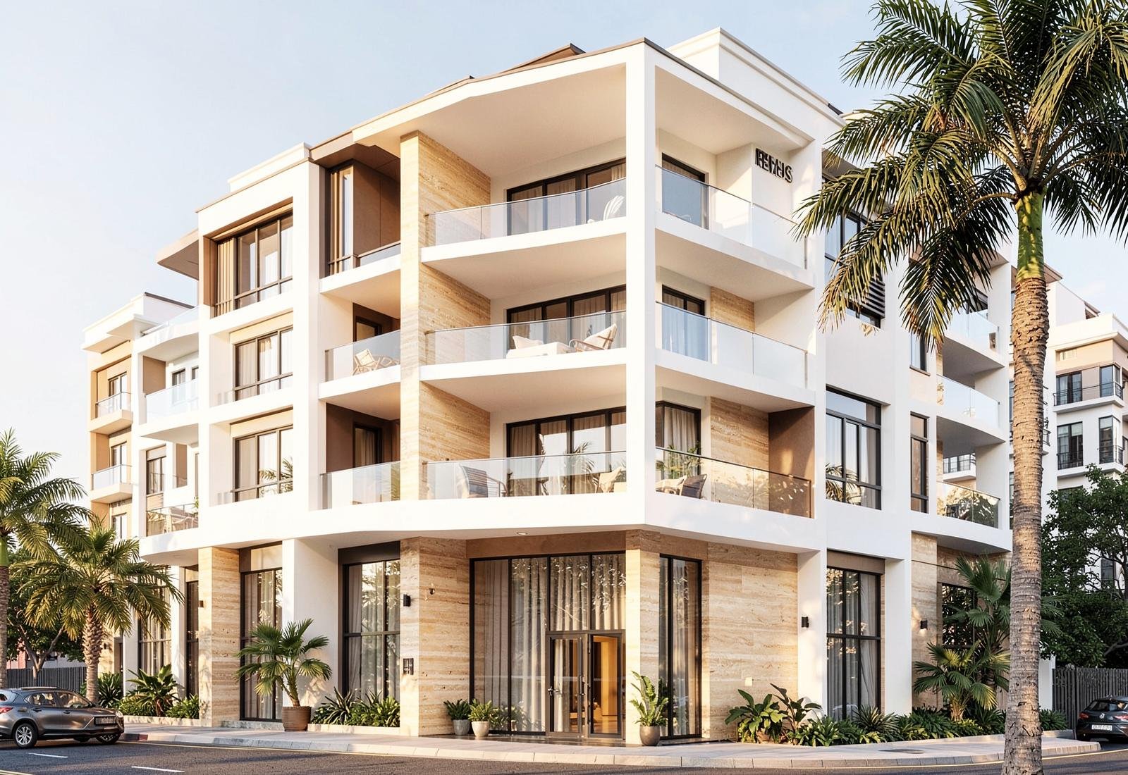 White and travertine residence with deep balconies in DHA Karachi