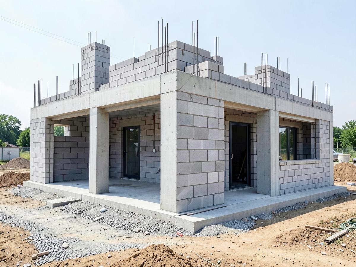 Grey structure of a modern villa with concrete frame and block work